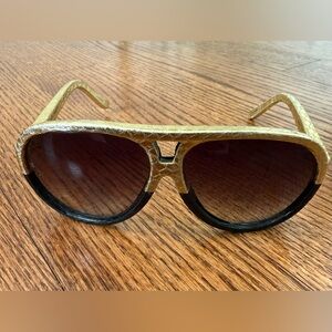 New Authentic Linda Farrow Gold and Black Sunglasses Aviator Bloomingdales